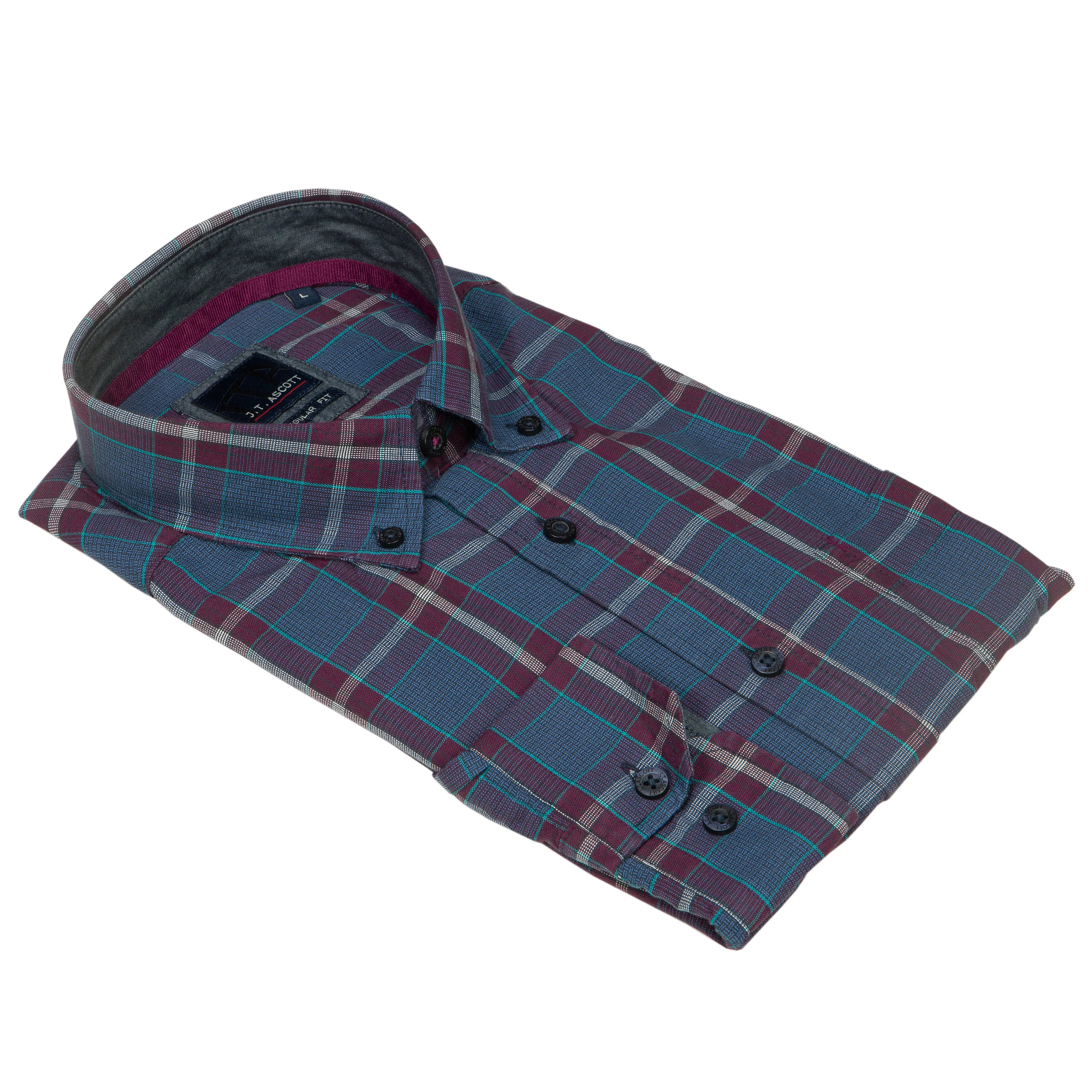 Ascott Navy Blue and Wine Long Sleeved Check Shirt R