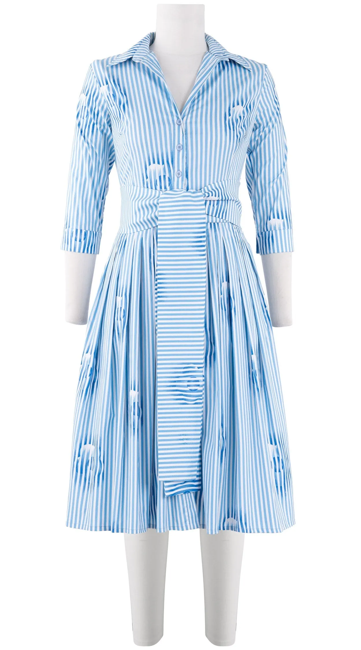 Audrey Dress #2 Shirt Collar 3/4 Sleeve Long Length Cotton Stretch (Oxford Stripe)