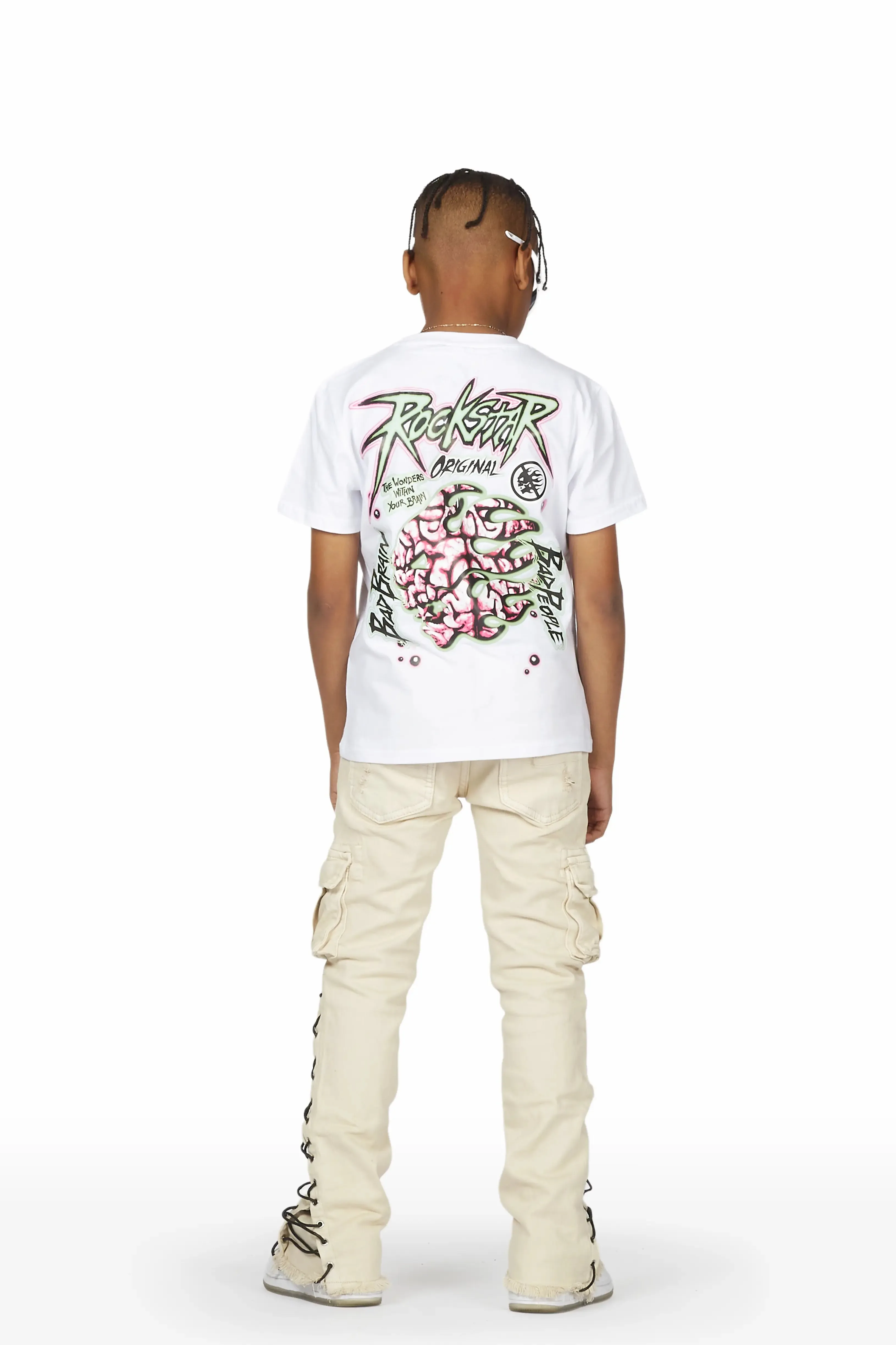 Boys Odilo White/Beige T-Shirt/Stacked Flare Cargo Jean