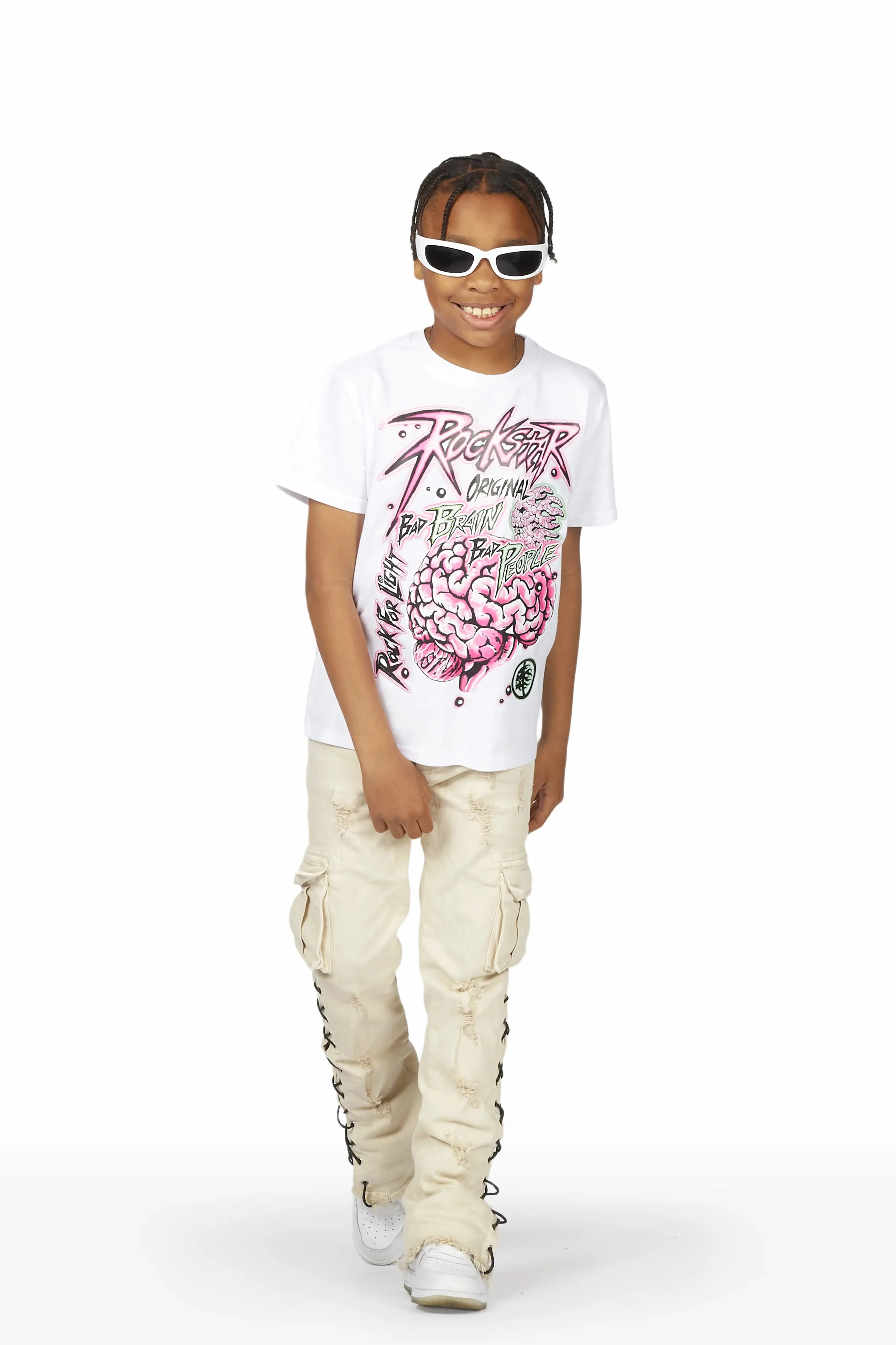 Boys Odilo White/Beige T-Shirt/Stacked Flare Cargo Jean