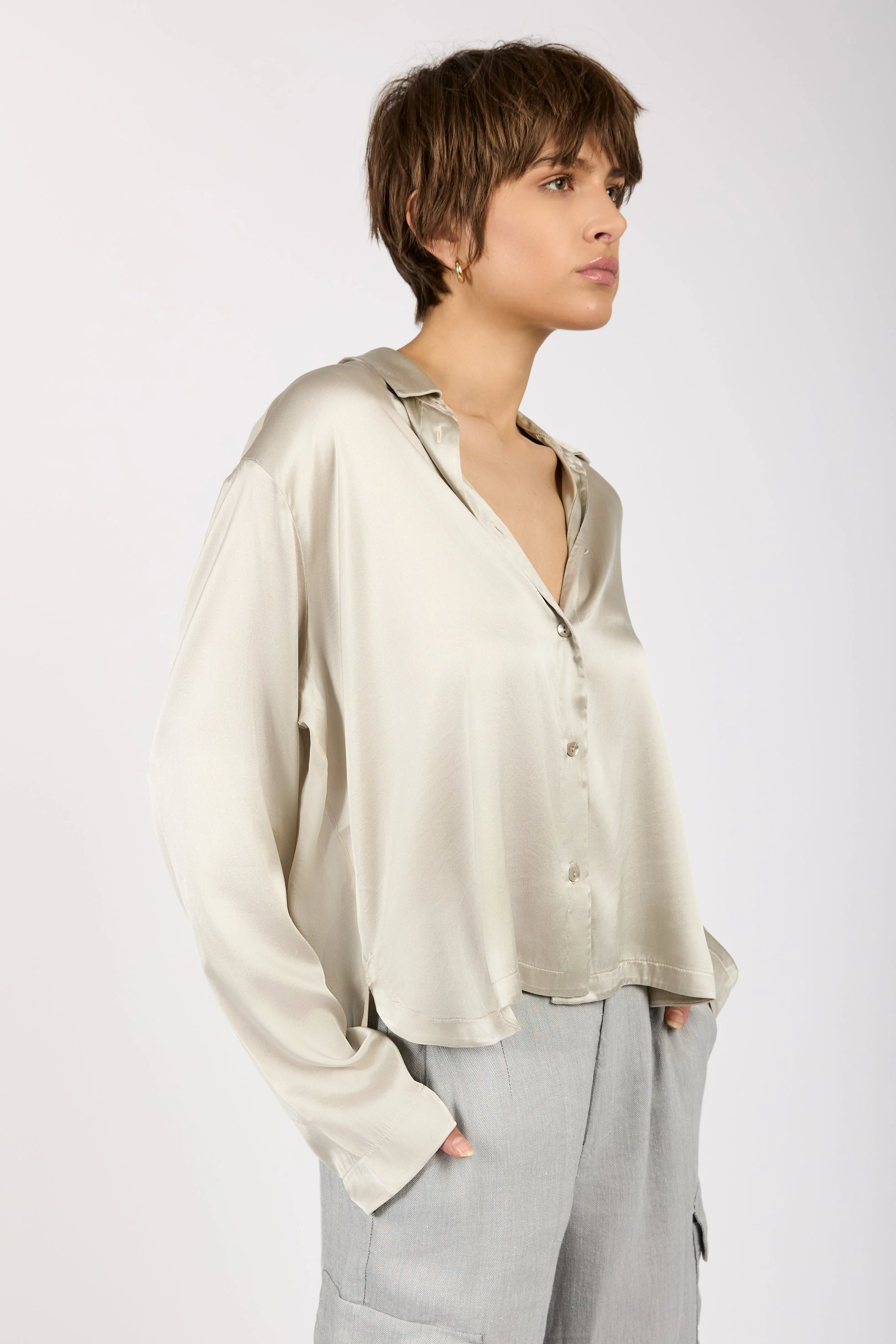 Button-Down Stretch Silk Shirt in Pearl Grey