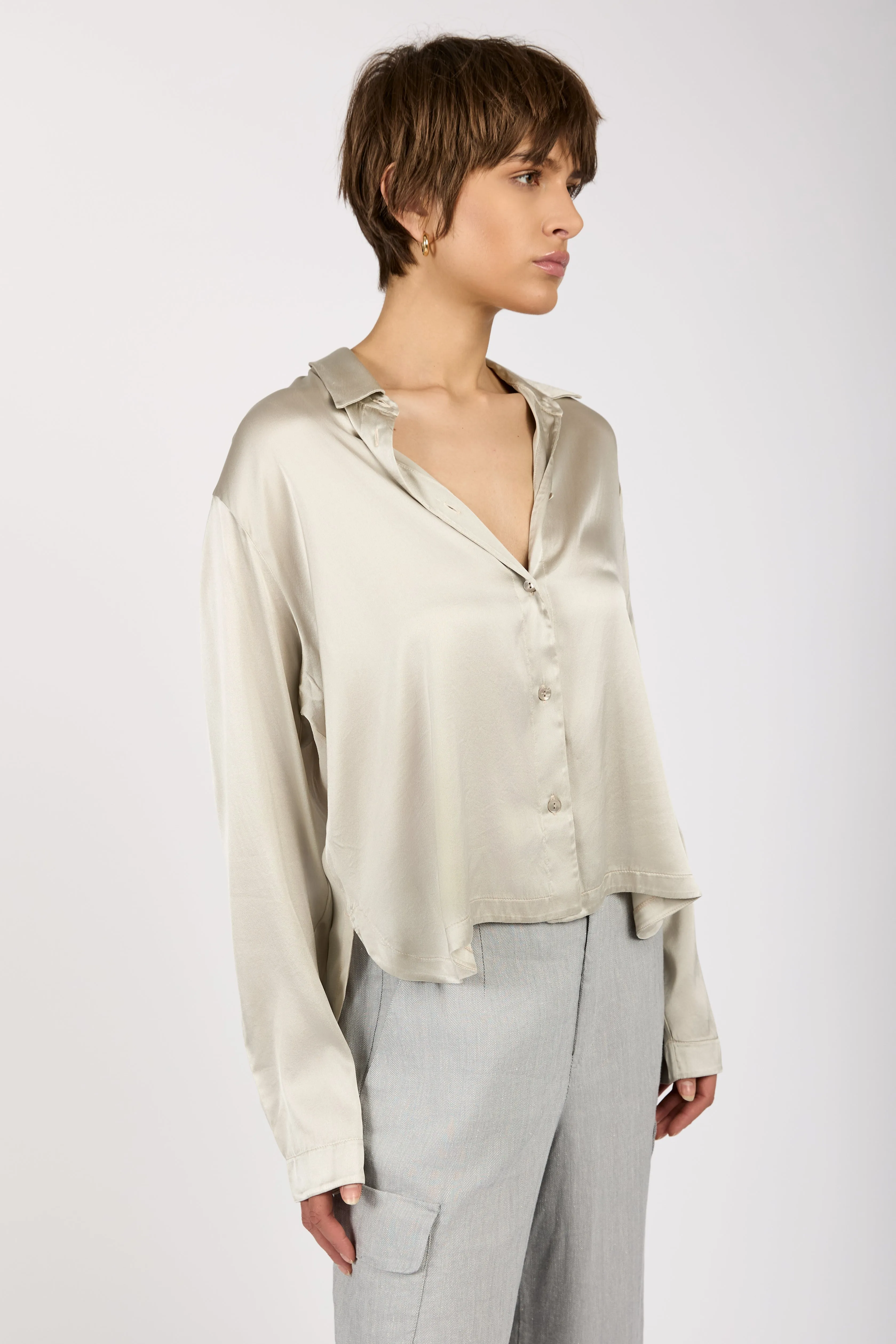 Button-Down Stretch Silk Shirt in Pearl Grey