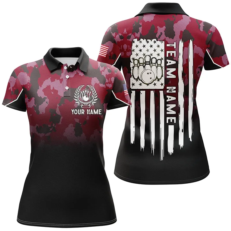 Camo Women Bowling Polo Shirts, Custom American Flag Patriotic Bowling Team Women Polo Shirt