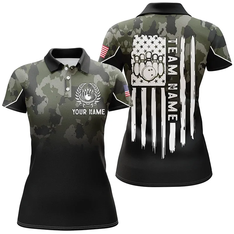 Camo Women Bowling Polo Shirts, Custom American Flag Patriotic Bowling Team Women Polo Shirt