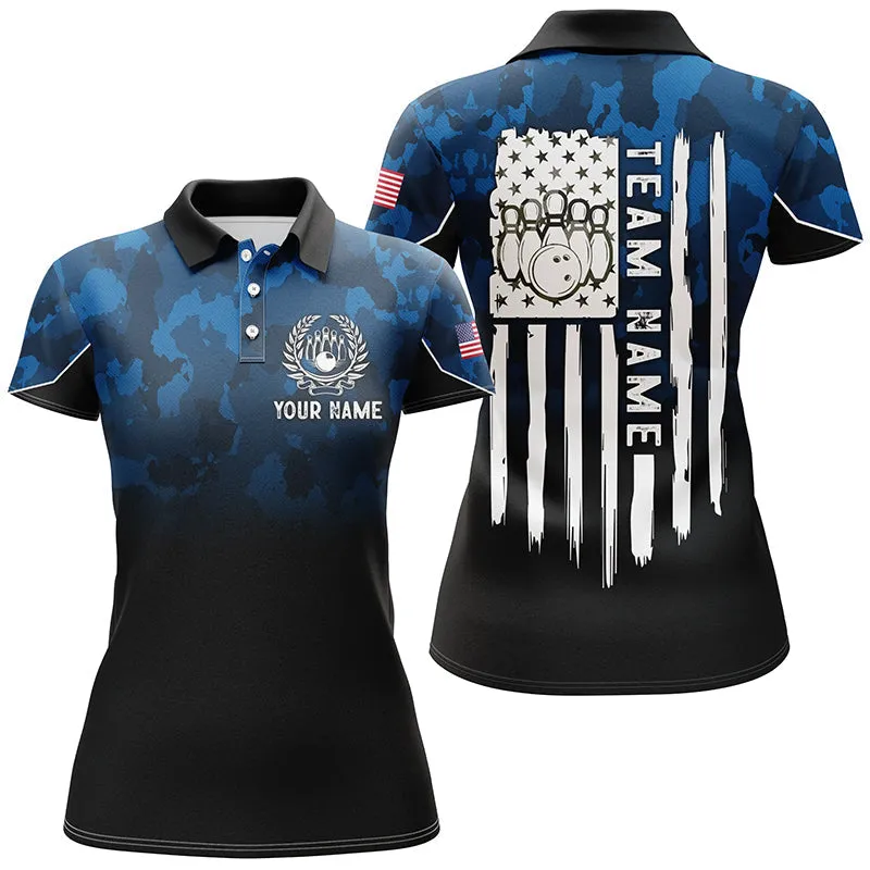 Camo Women Bowling Polo Shirts, Custom American Flag Patriotic Bowling Team Women Polo Shirt