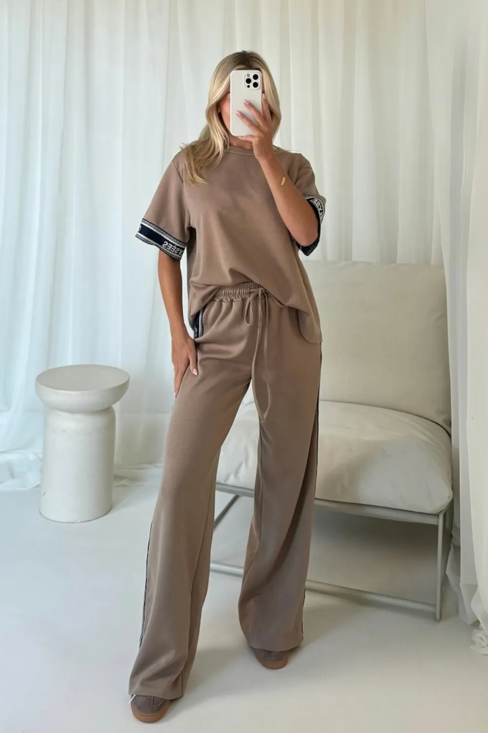 Champs elysees mocha trim t-shirt straight leg jogger loungewear