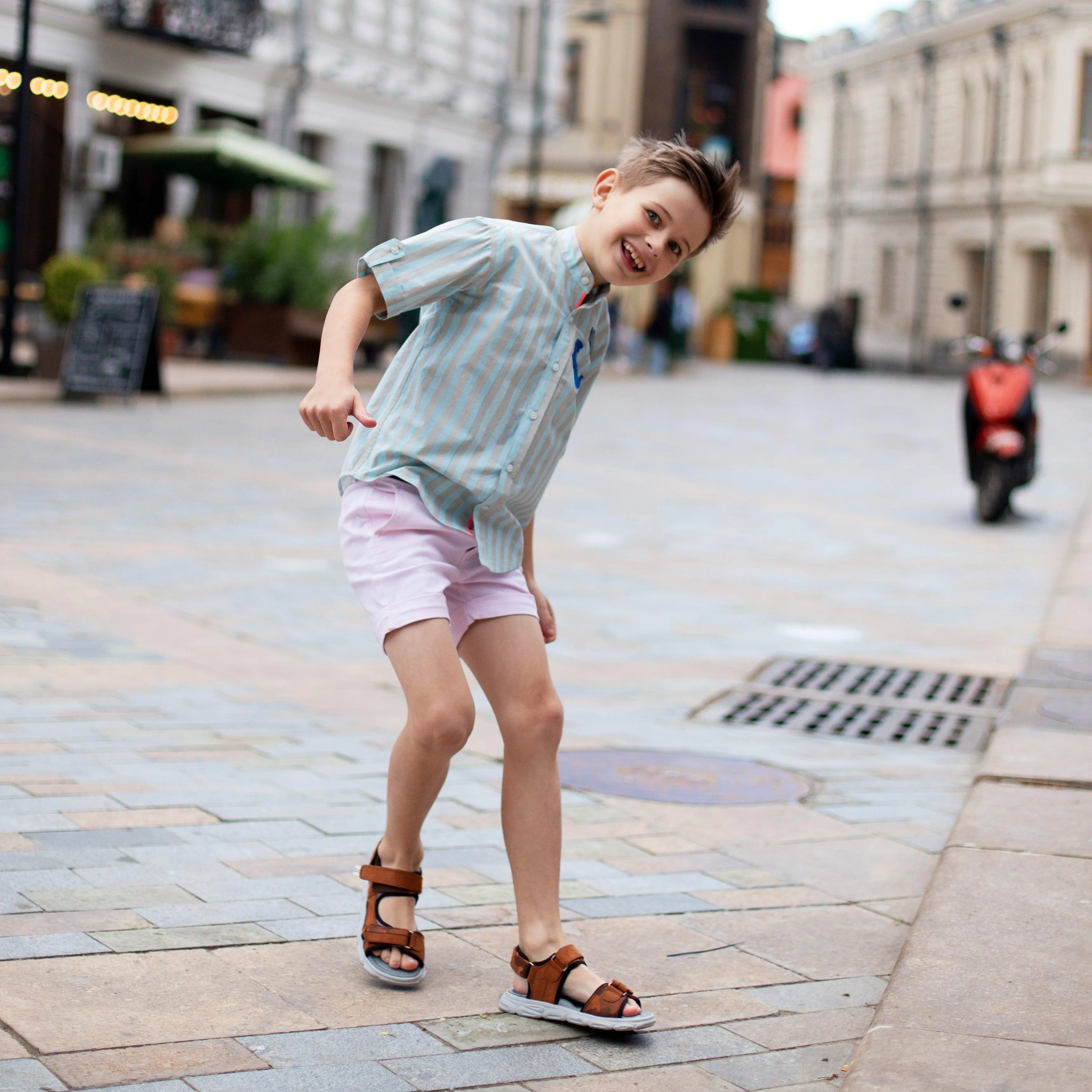 Classique- Blue & Grey Striped Shirt with Mandarin Collar for Boys