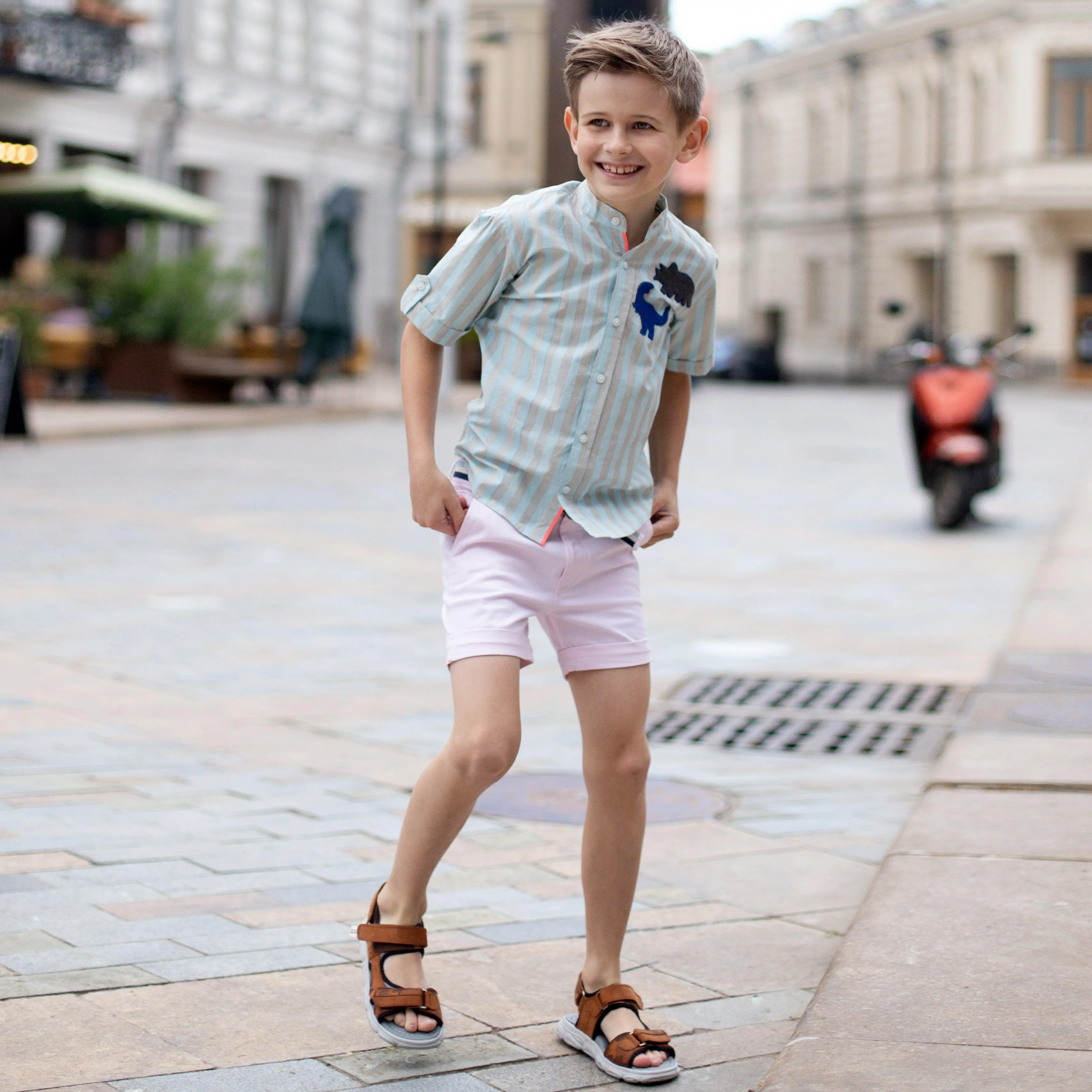 Classique- Blue & Grey Striped Shirt with Mandarin Collar for Boys