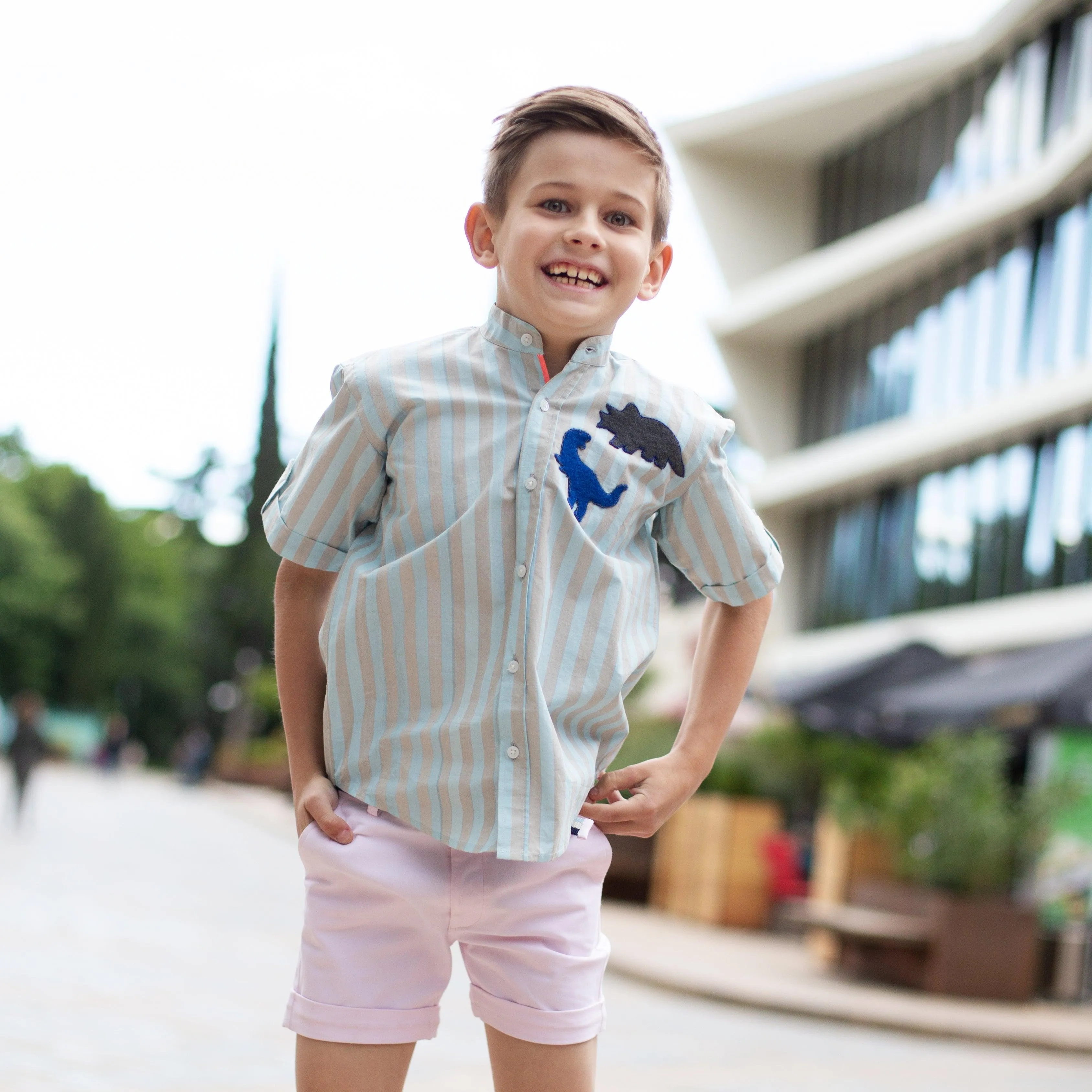 Classique- Blue & Grey Striped Shirt with Mandarin Collar for Boys