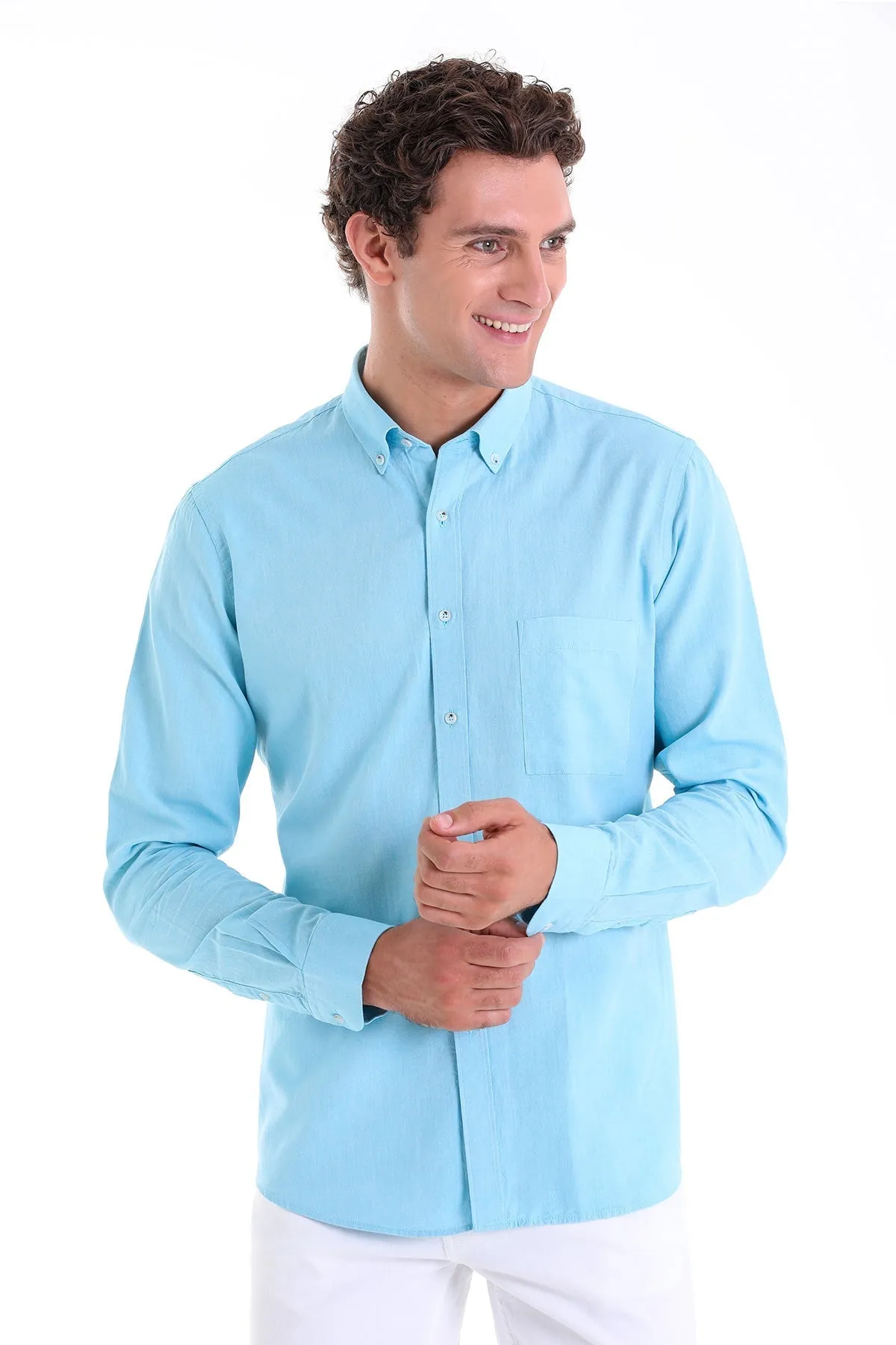 Comfort Fit Long Sleeve Oxford Cotton Turquoise Casual Shirt