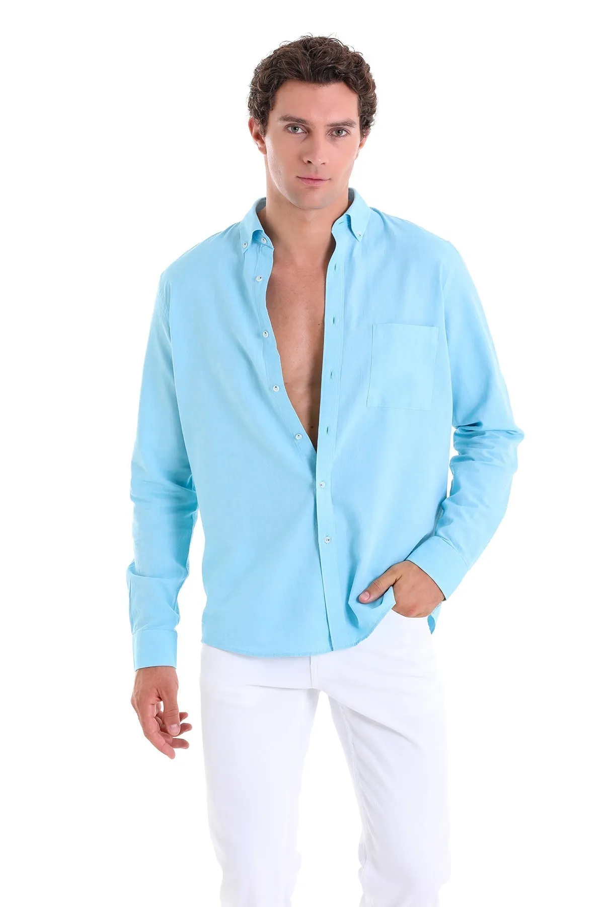 Comfort Fit Long Sleeve Oxford Cotton Turquoise Casual Shirt