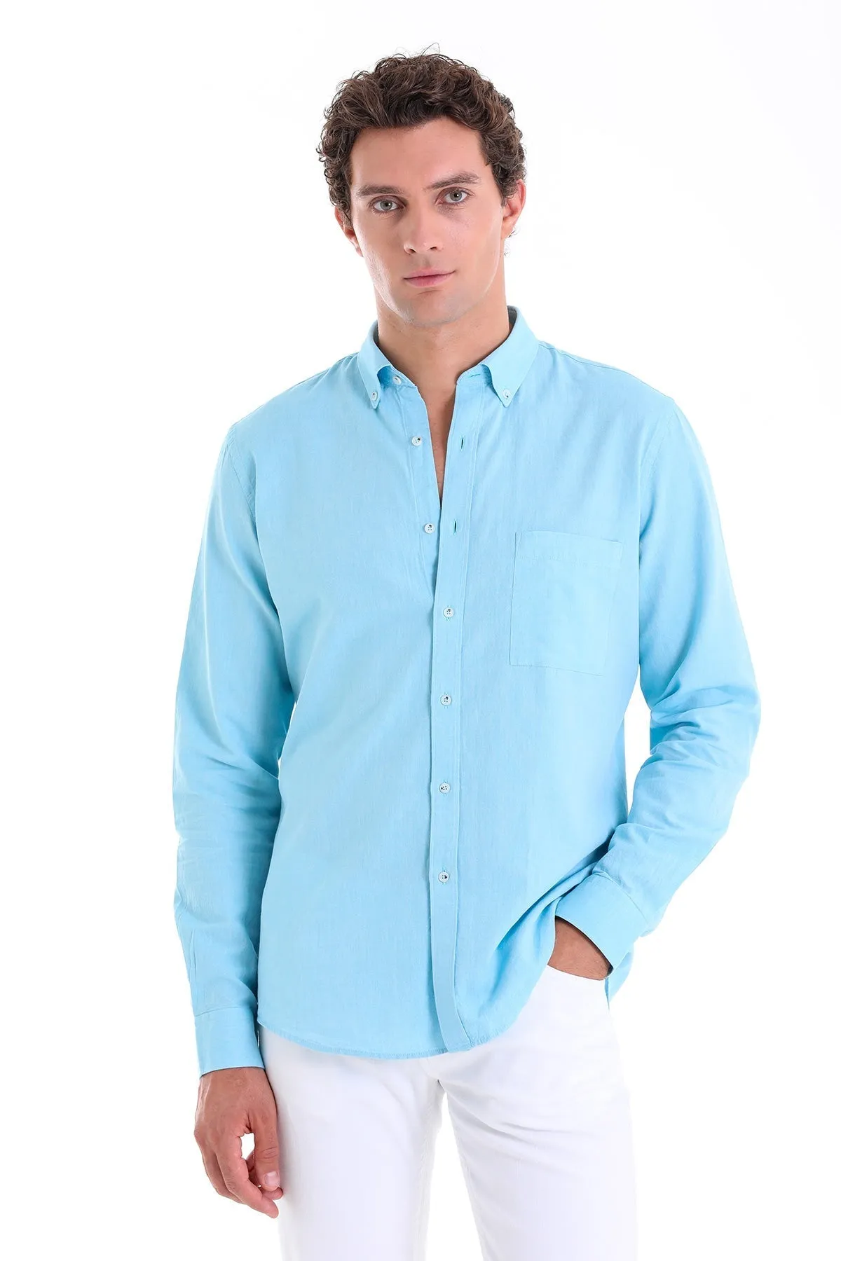 Comfort Fit Long Sleeve Oxford Cotton Turquoise Casual Shirt