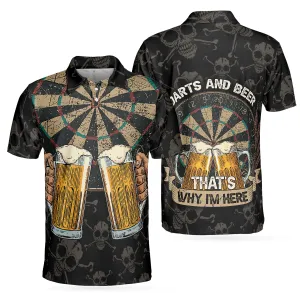 Darts And Beer That's Why I'm Here Short Sleeve Polo Shirt, Skull Darts Print Shirt For Men