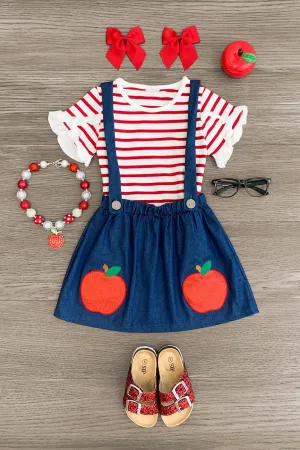 Glitter Apple Suspender Skirt Set