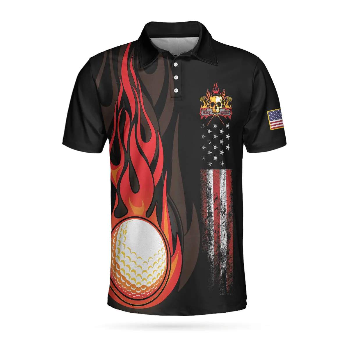 Golf Flame Skull Short Sleeve Golf Polo Shirt, Black American Flag Golf Shirt For Men, Cool Gift For Golfers Coolspod