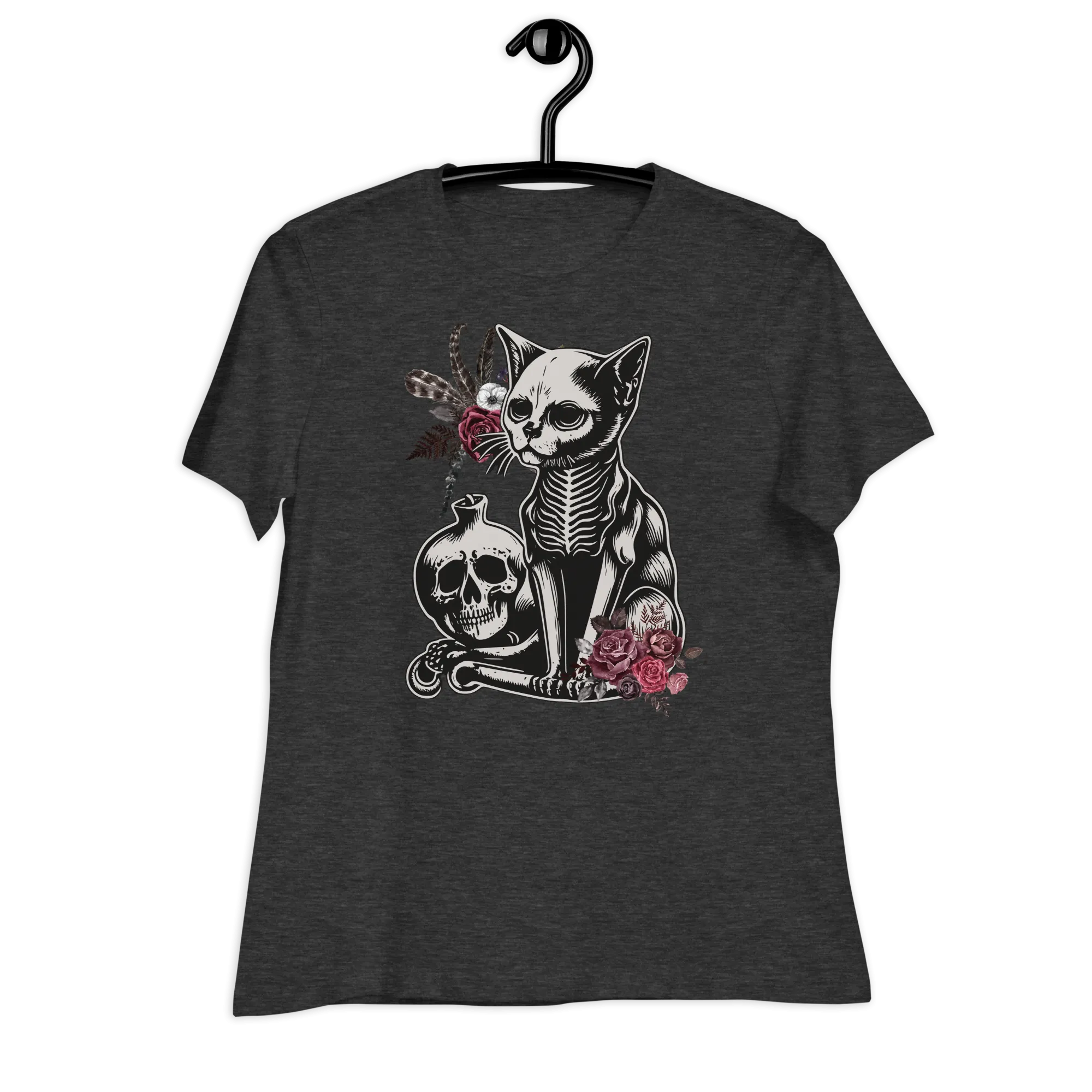 Goth Cat and Skull Relaxed T-shirt, Goth T-shirt, Witchy T-shirt, Goth Clothing, Witchy Clothing