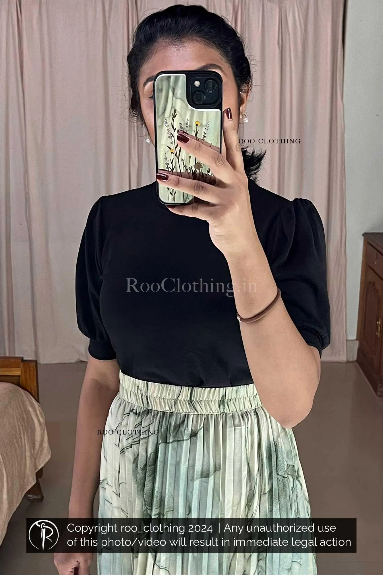 Green Marble Print Accordion Pleated Skirt Only