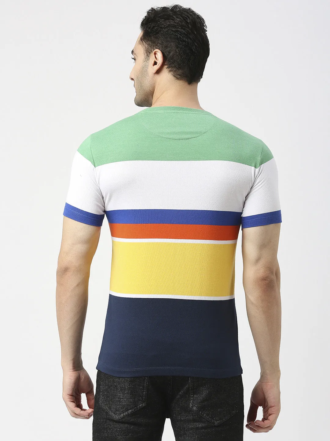 Green Multi Coloured Striped Round Neck T-shirt