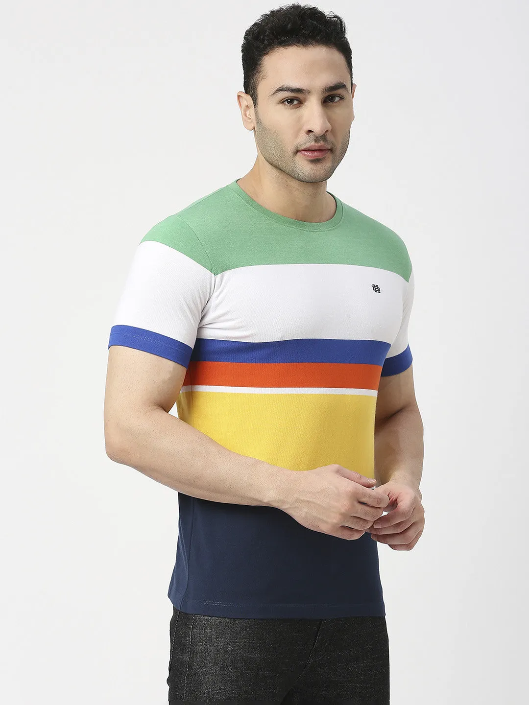 Green Multi Coloured Striped Round Neck T-shirt