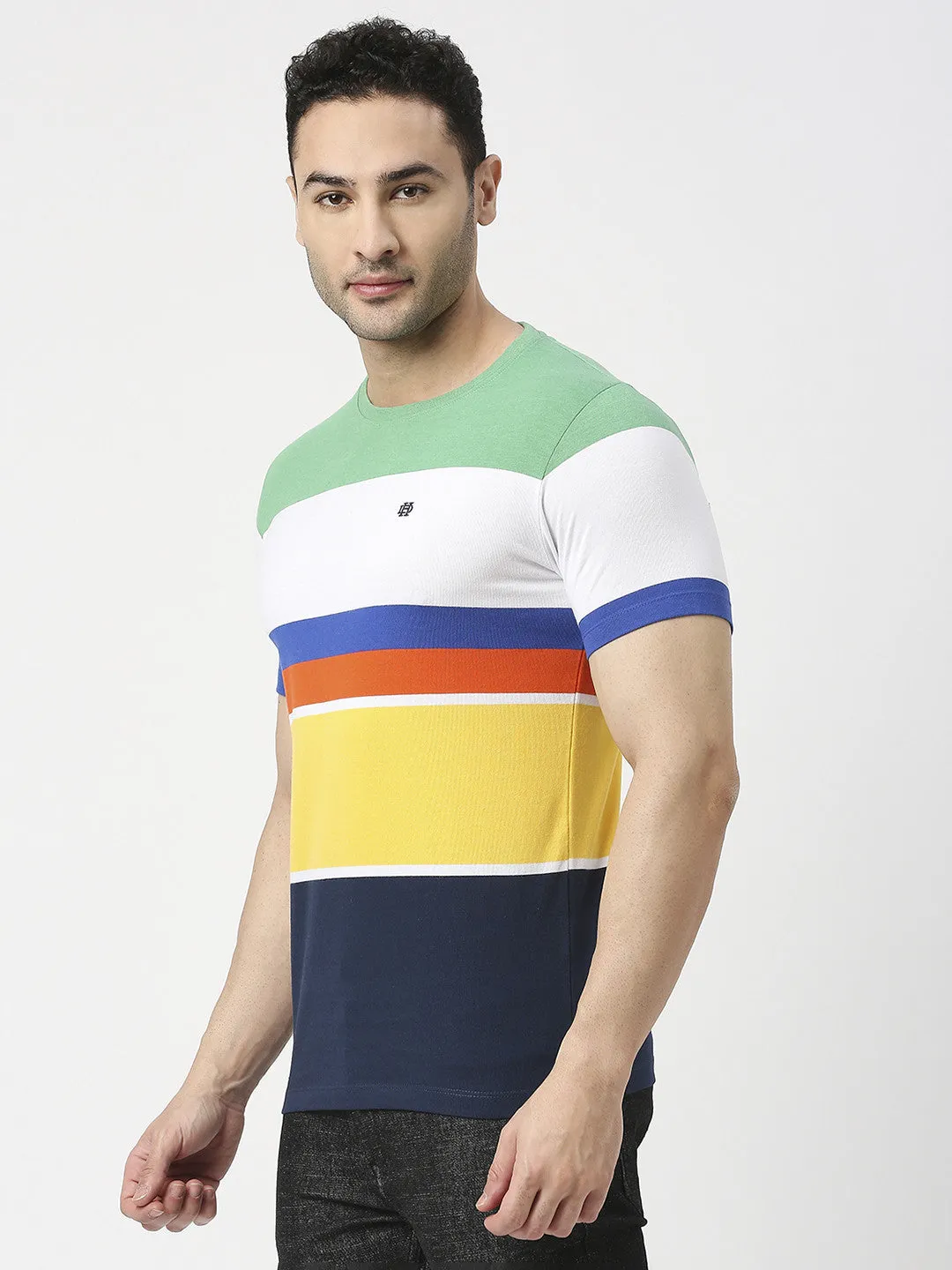 Green Multi Coloured Striped Round Neck T-shirt