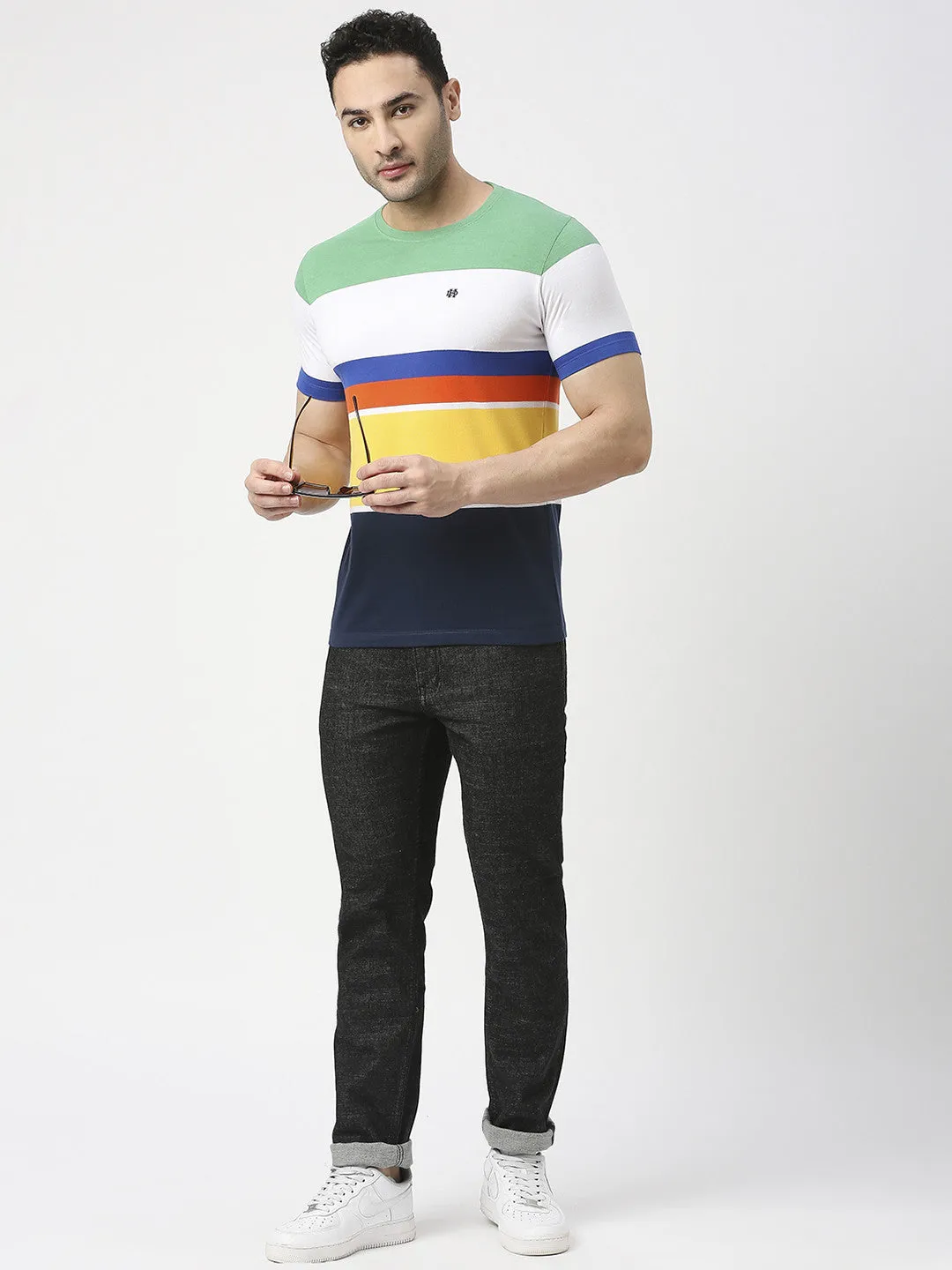 Green Multi Coloured Striped Round Neck T-shirt