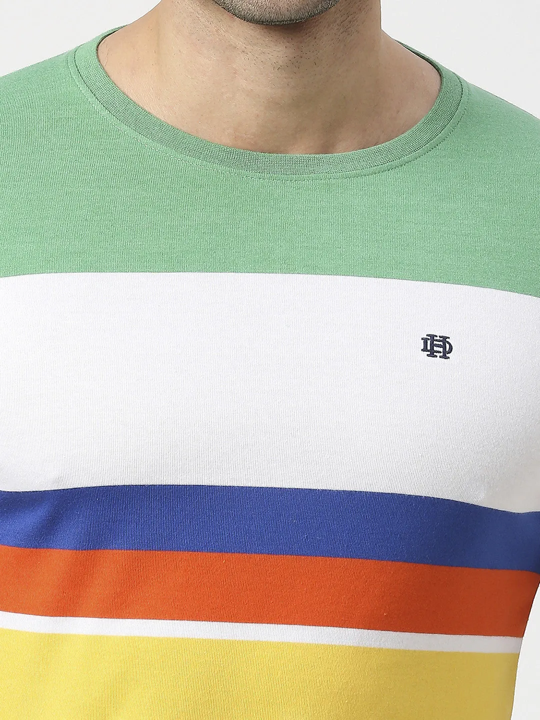 Green Multi Coloured Striped Round Neck T-shirt