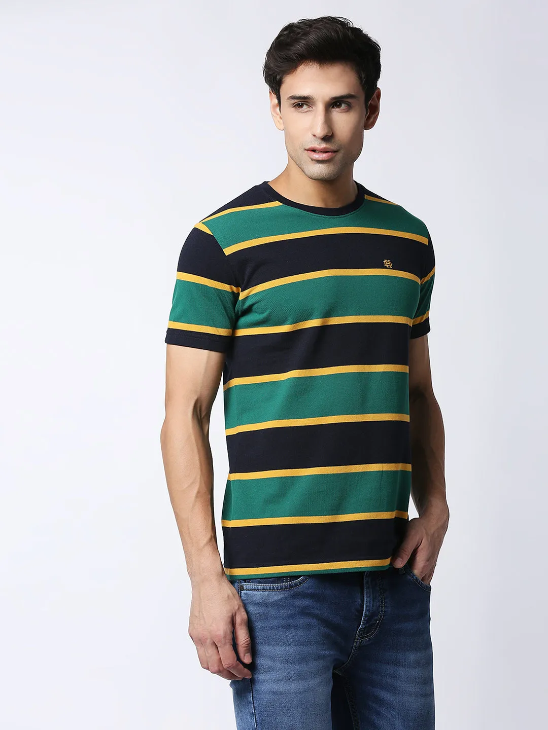 Green Pique Striped Round Neck T-shirt