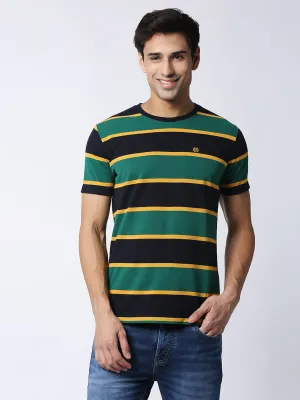 Green Pique Striped Round Neck T-shirt