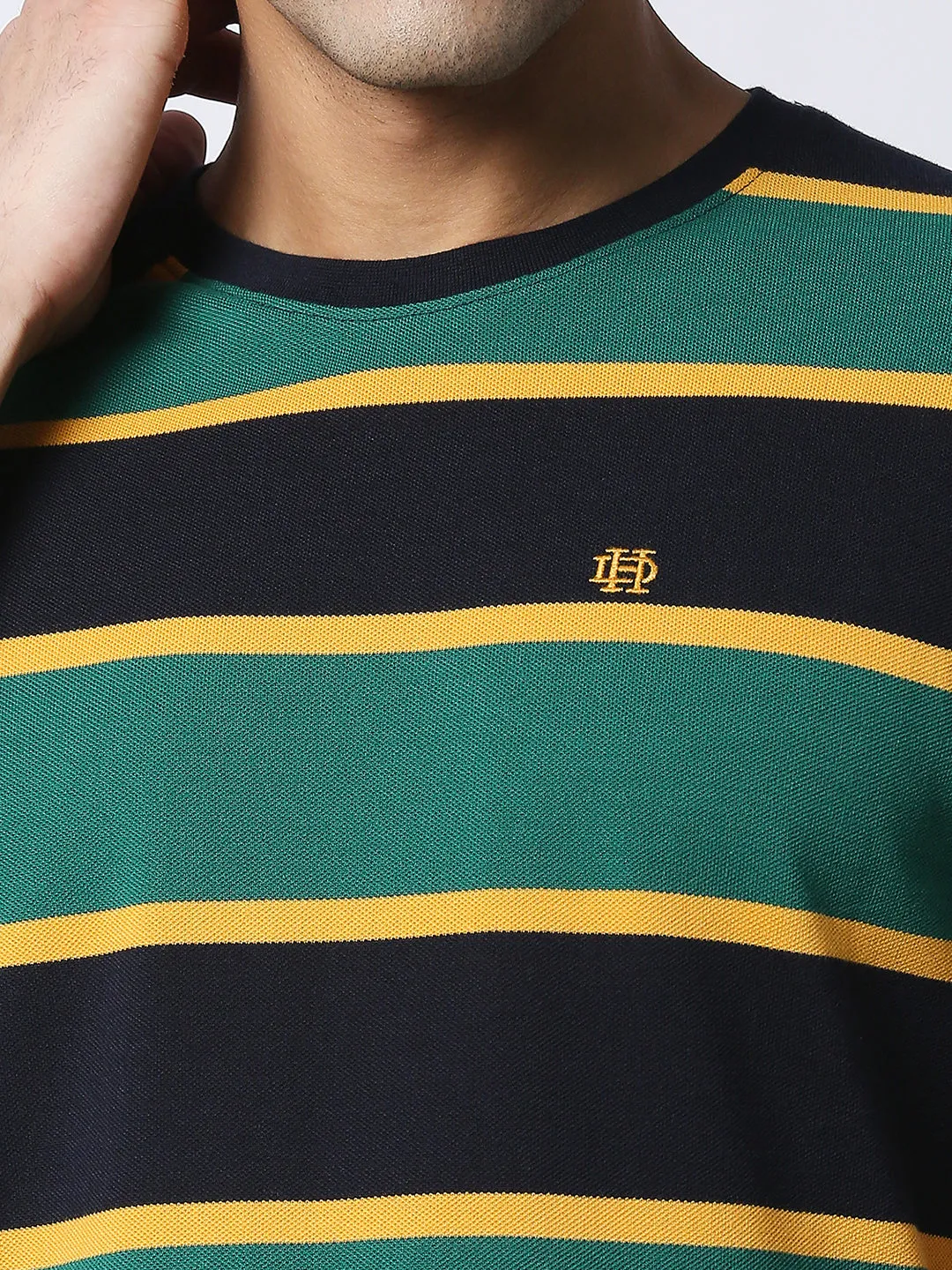 Green Pique Striped Round Neck T-shirt