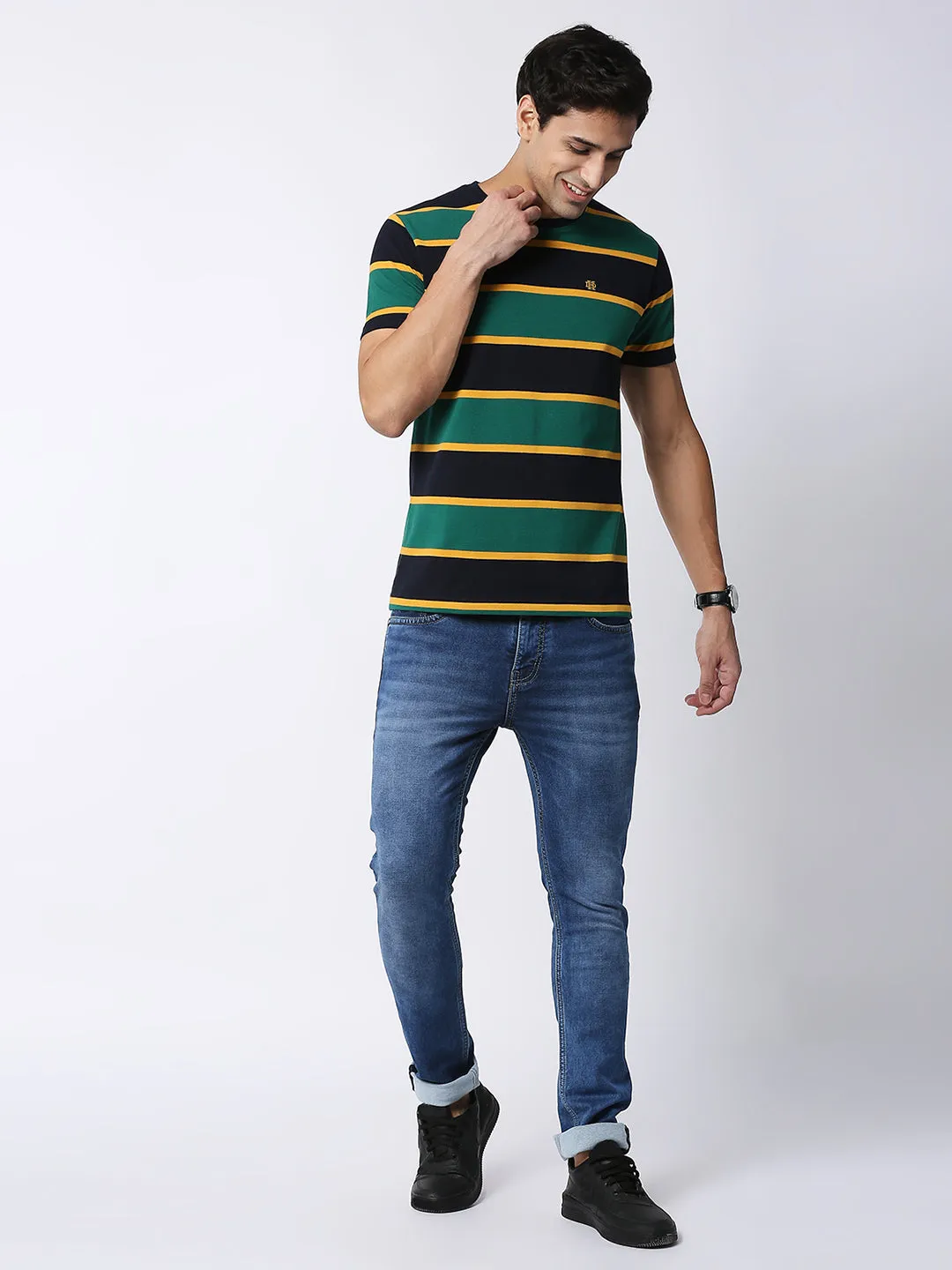 Green Pique Striped Round Neck T-shirt