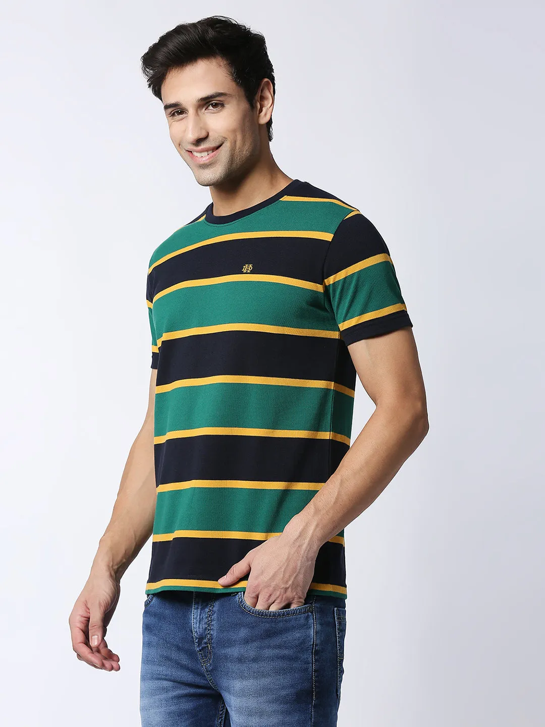 Green Pique Striped Round Neck T-shirt