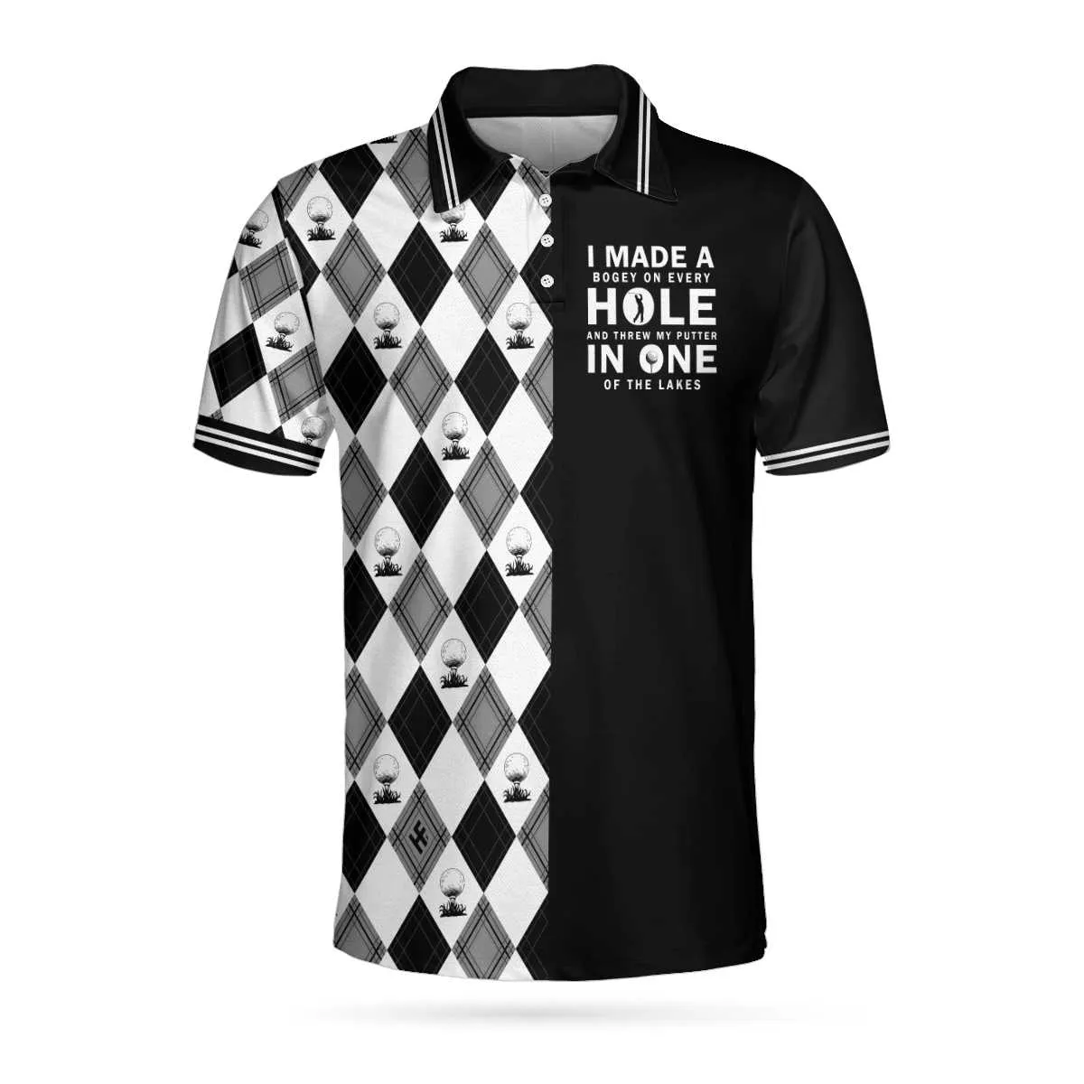 I Made A Bogey On Every Hole Polo Shirt, Black And White Argyle Pattern Polo Shirt, Cool Golf Shirt For Men Coolspod