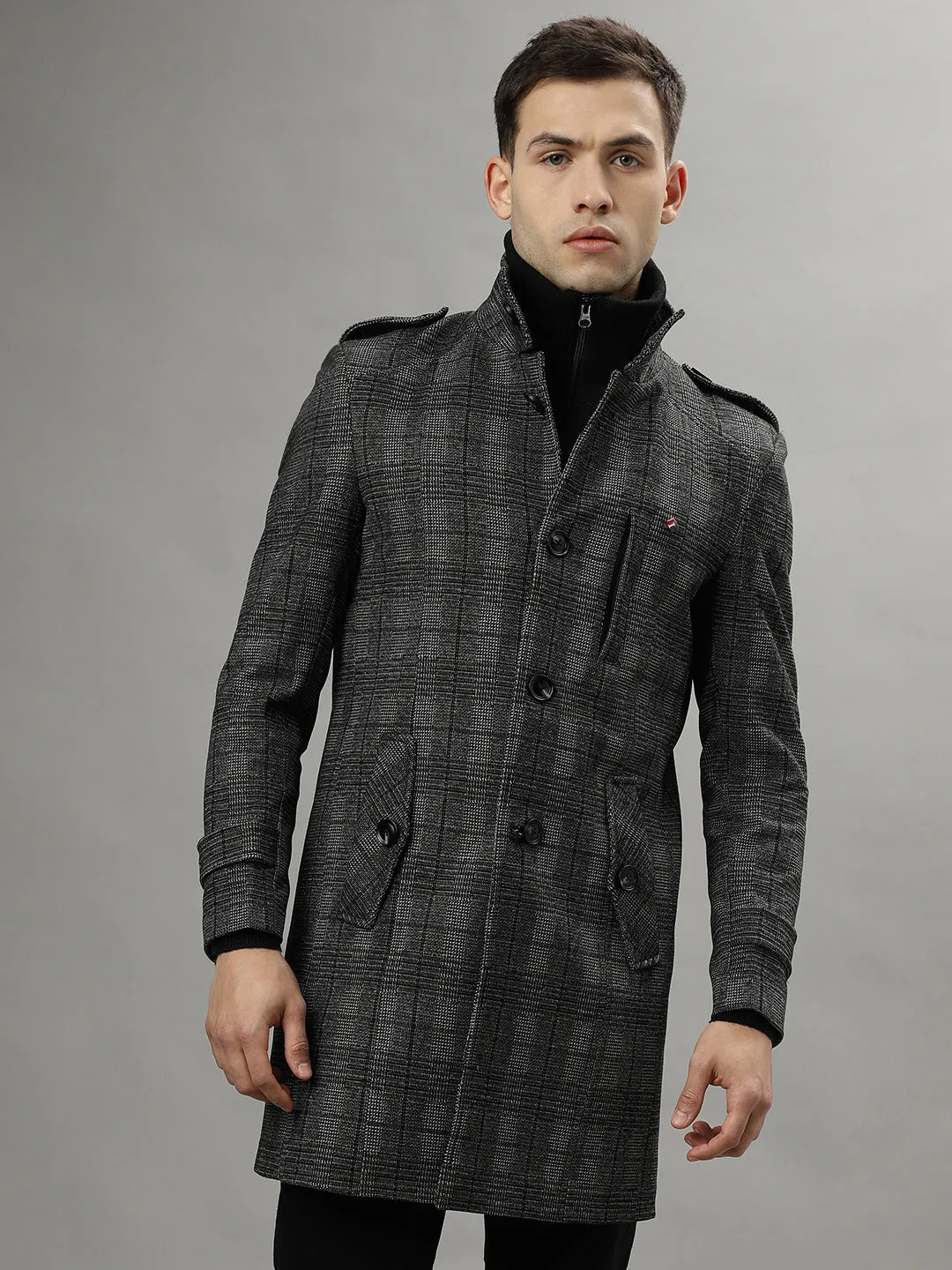 Iconic Men Black Checked Shirt Collar Full Sleeves Overcoat