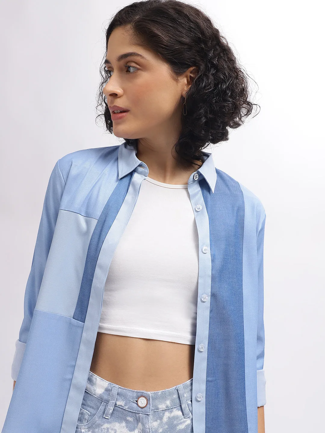 Iconic Women Blue Colour Blocked Spread Collar Full Sleeves Shirt