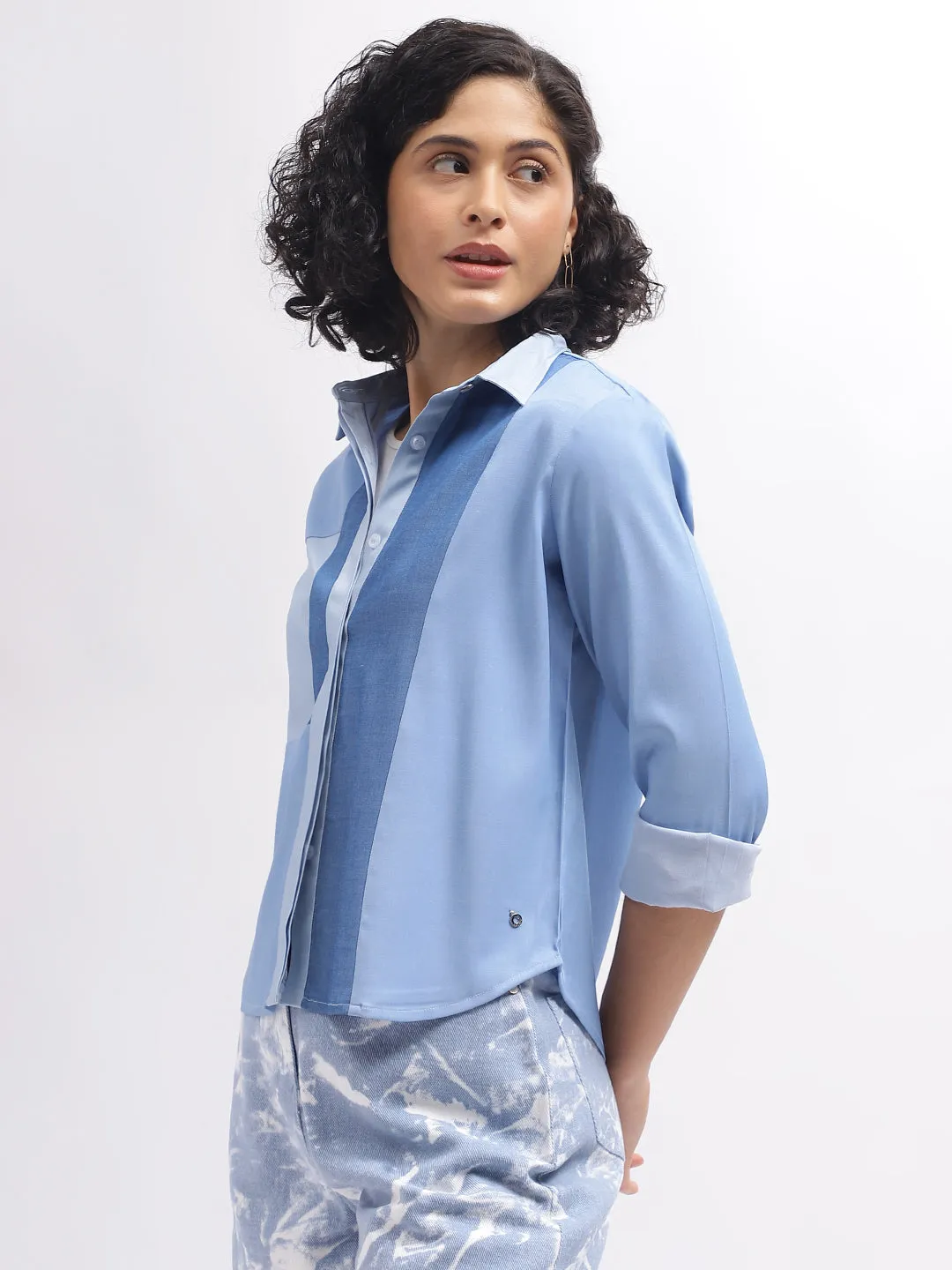 Iconic Women Blue Colour Blocked Spread Collar Full Sleeves Shirt