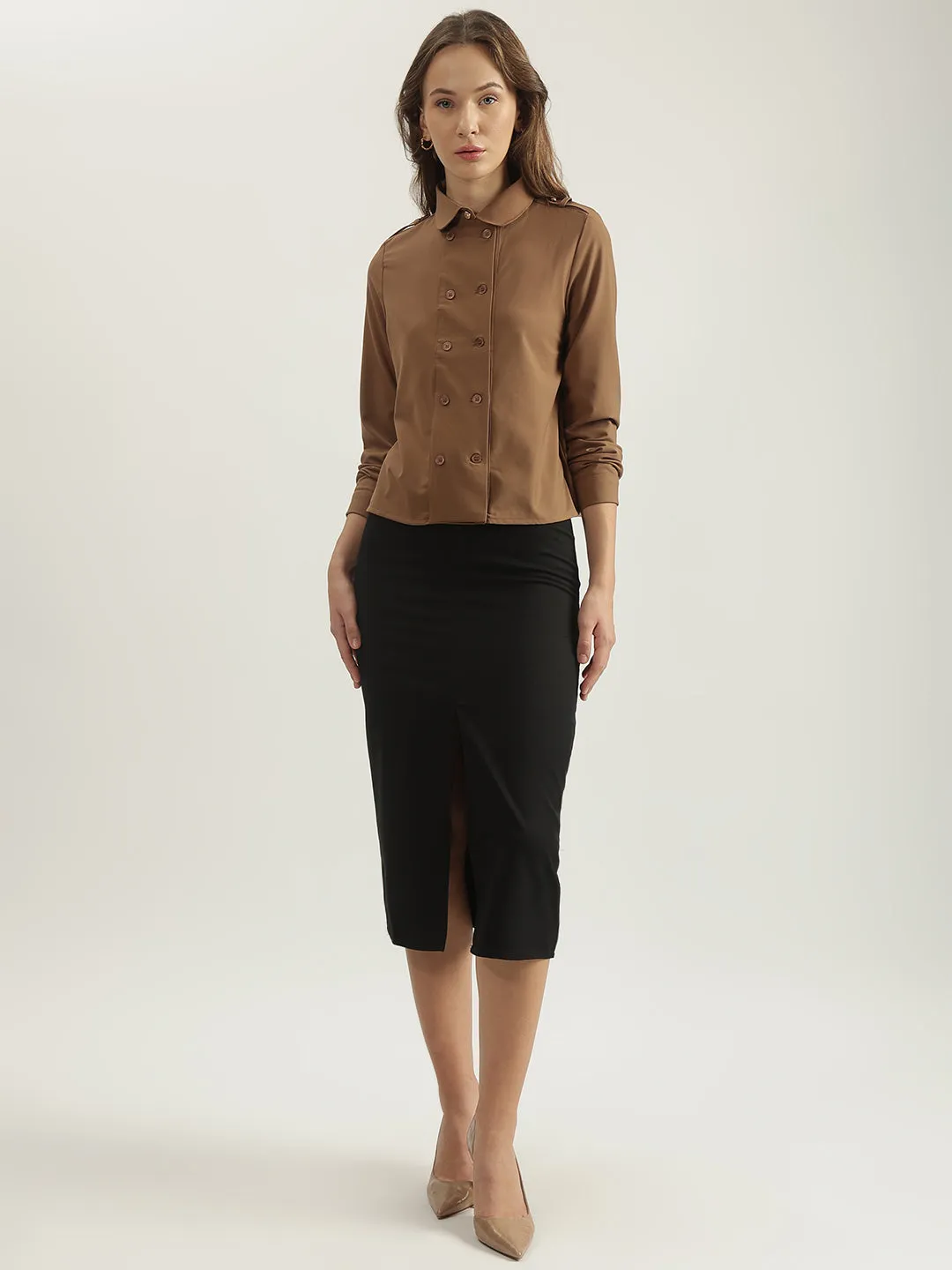 Iconic Women Brown Solid Spread Collar Full Sleeves Shirt