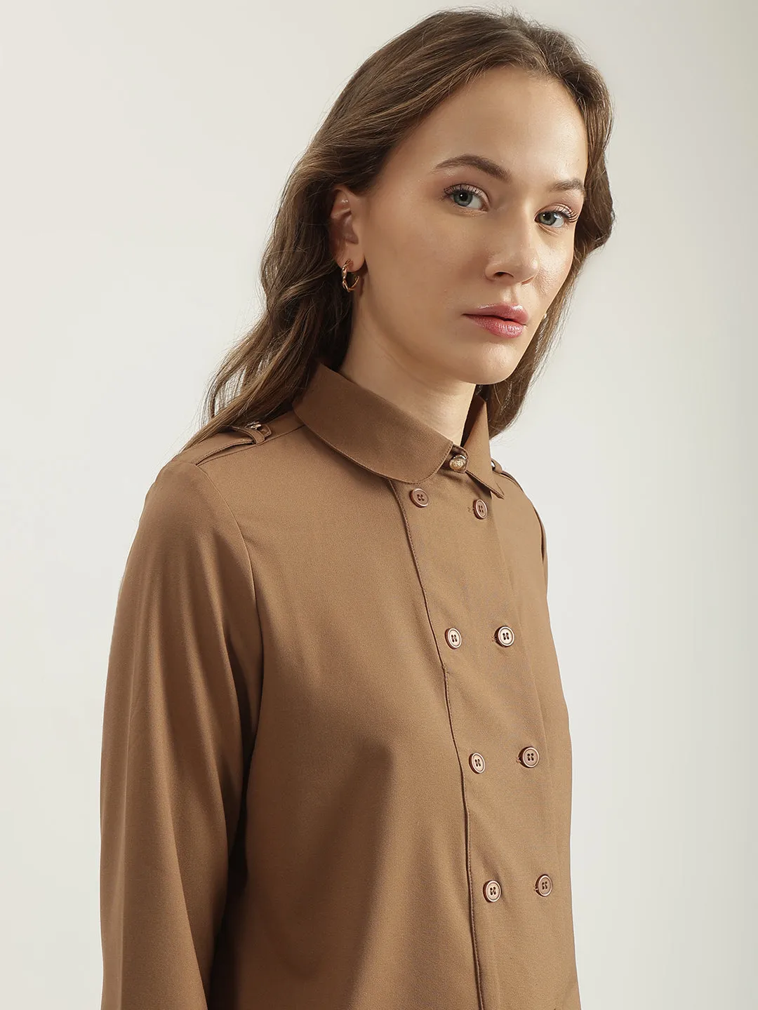 Iconic Women Brown Solid Spread Collar Full Sleeves Shirt