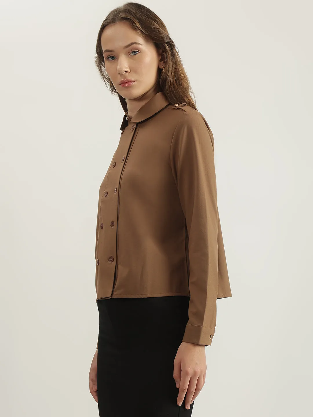 Iconic Women Brown Solid Spread Collar Full Sleeves Shirt