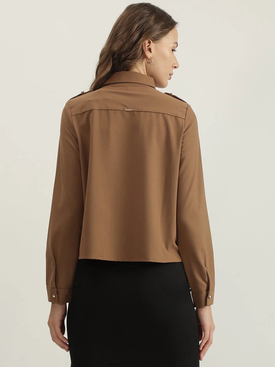 Iconic Women Brown Solid Spread Collar Full Sleeves Shirt