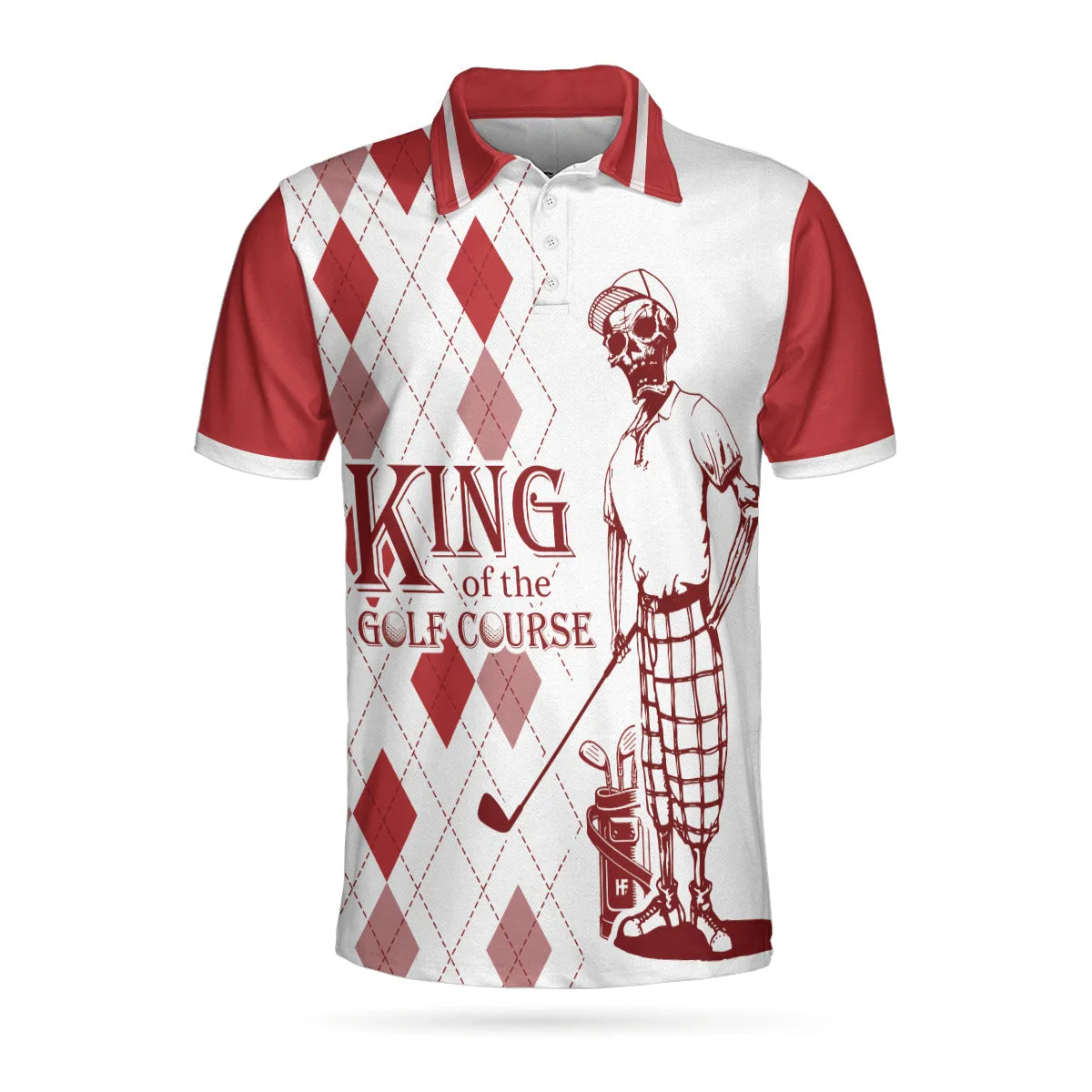 King Of The Golf Course Golf Polo Shirt, Red Argyle Pattern Skeleton Golfer Polo Shirt, Best Golf Shirt For Men Coolspod