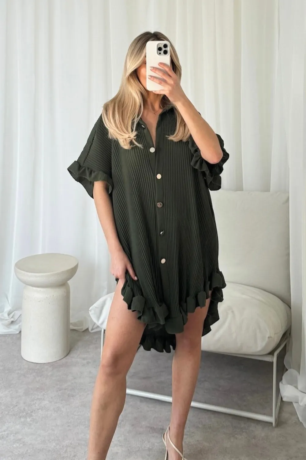 Lauren khaki pleated button up shirt dress