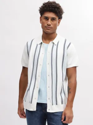 Lindbergh Men White Striped Spread Collar Short Sleeves Shirt