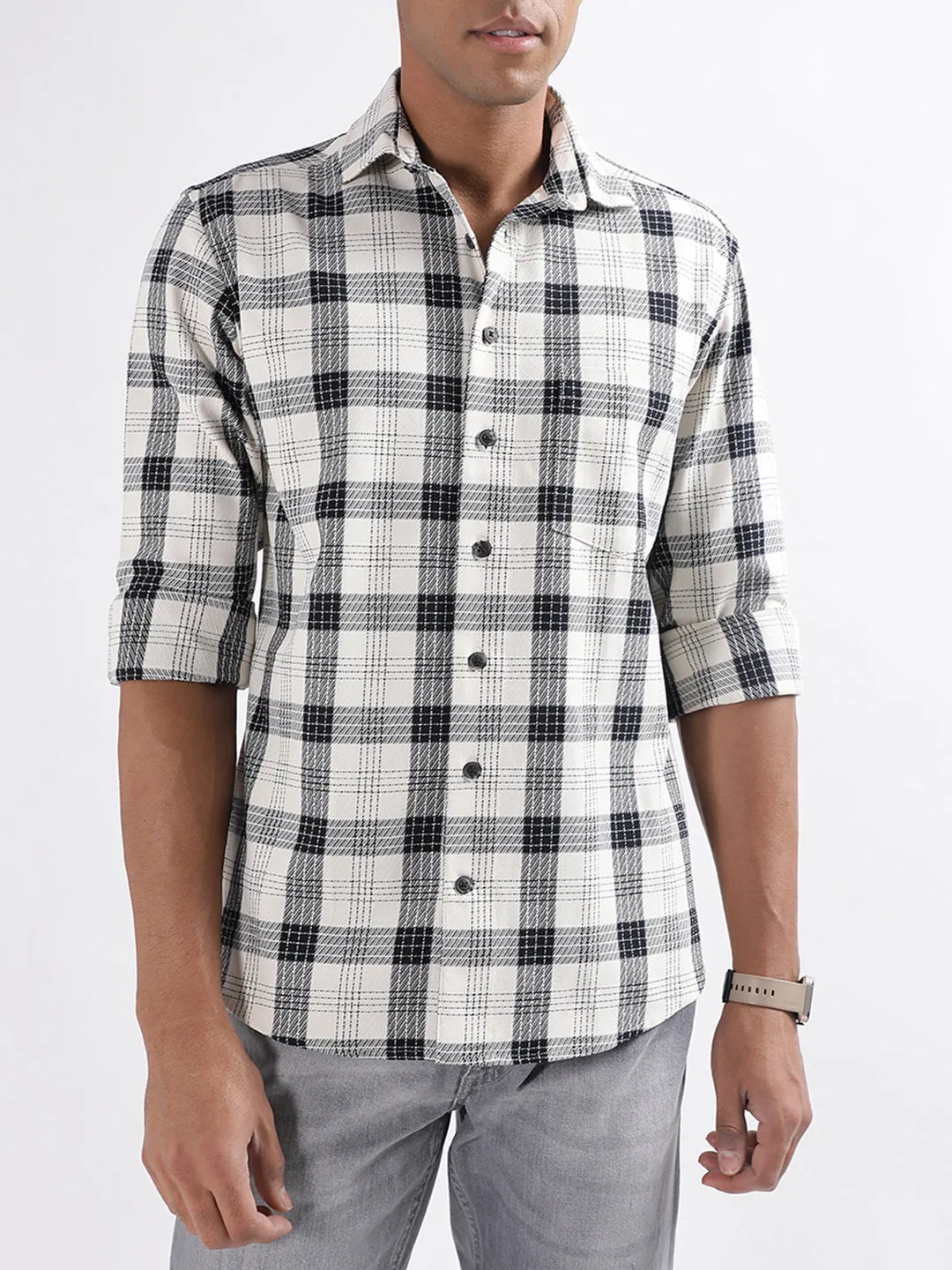 Lindbergh Off White Checked Regular Fit Shirt