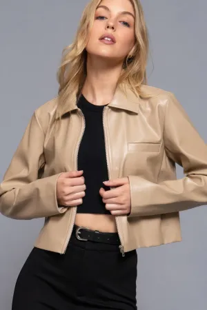 Long slv shirt collar faux leather jacket