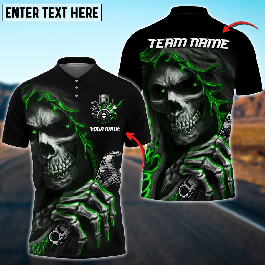 Mechanic Skull Custom Name Multi Color Printed 3D Polo Shirt, Skull Reaper Mechanic Shirt