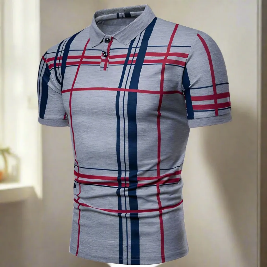 Men Casual Lattice Short Sleeve Different Grid Polo Shirt