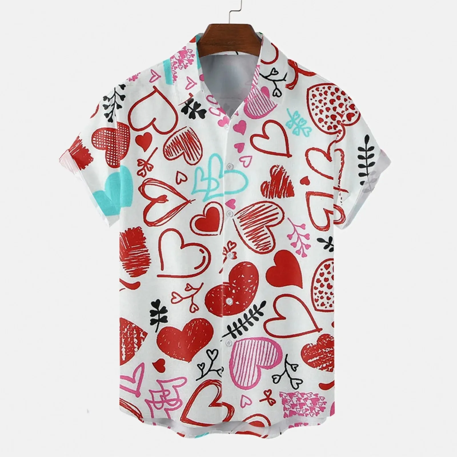 Men Valentine Day Print Casual Shirt Short Sleeve Turedown Social Dress Shirt Vintage Print Baggy Harjauku Loose Fit Blouse