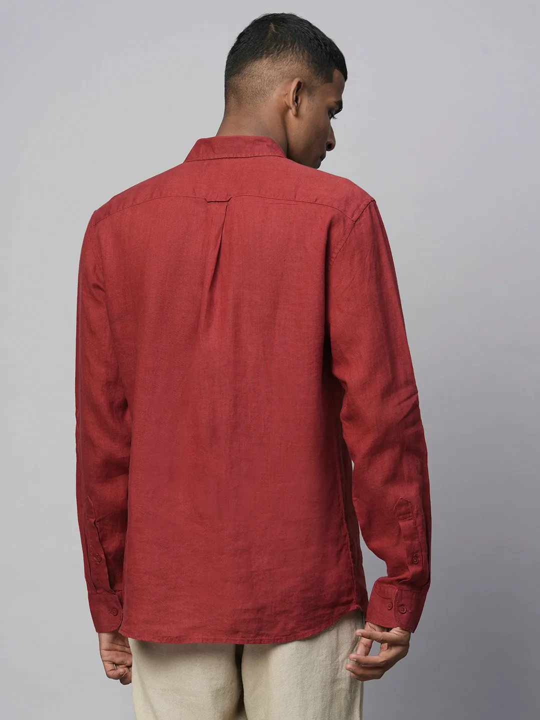 Men's 100% Linen Red Regular Fit Long Sleeved Shirt