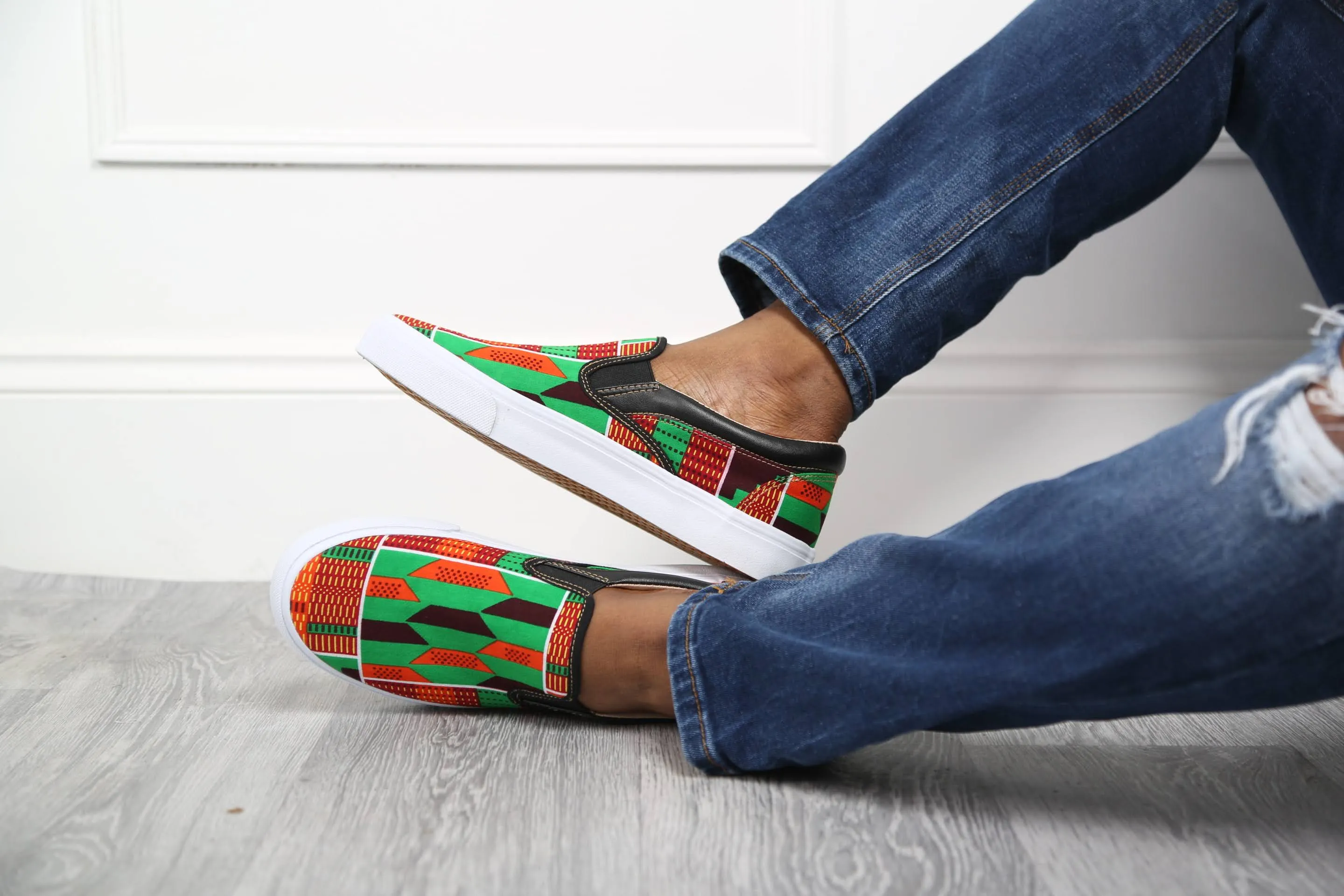 Men's African Slip On Sneakers | LAVIYE Green Kente Sneakers - ACCRA