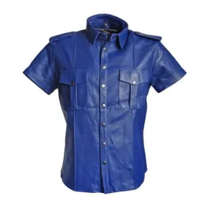 Mens Blue Leather Police Shirt